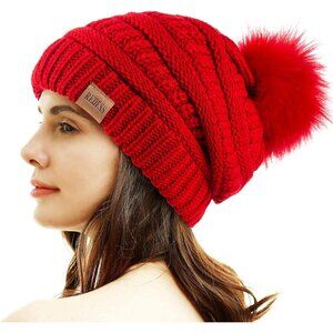 〽️Women Red Winter Pom Pom Beanie Hat with Warm Fleece Lined XL